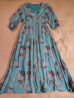 New! J. Glee Dress Sz L (8-10) Stripes Midi 97% Cotton Short Sleeves Maxi Floral